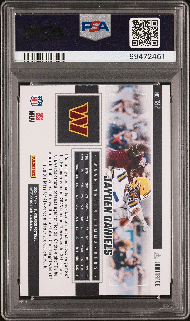 2024 Panini Luminance 182 Jayden Daniels Purple PSA 9