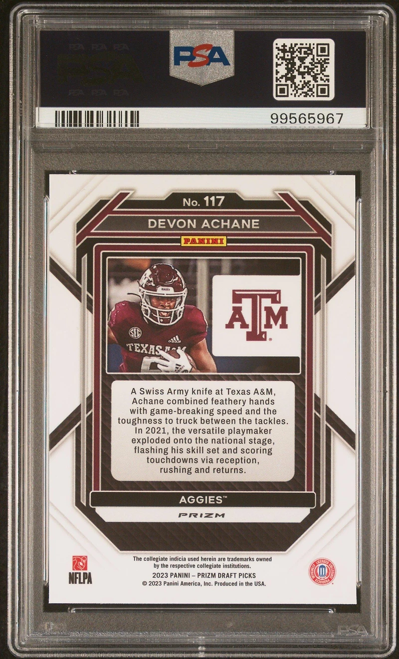 2023 Panini Prizm Draft Picks 117 De'von Achane Gold Ice PSA 10