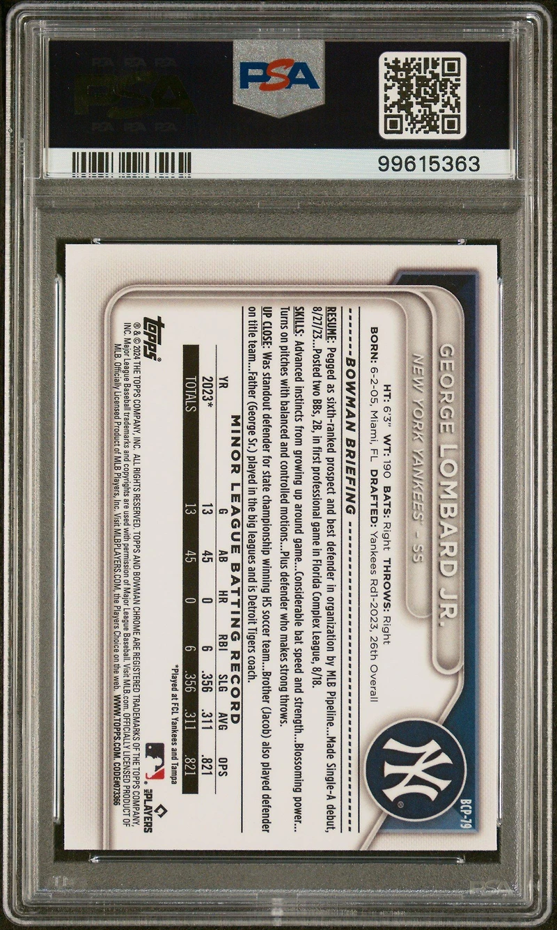 2024 Bowman Mega Box Chrome Prospects 79 George Lombard Jr. PSA 10