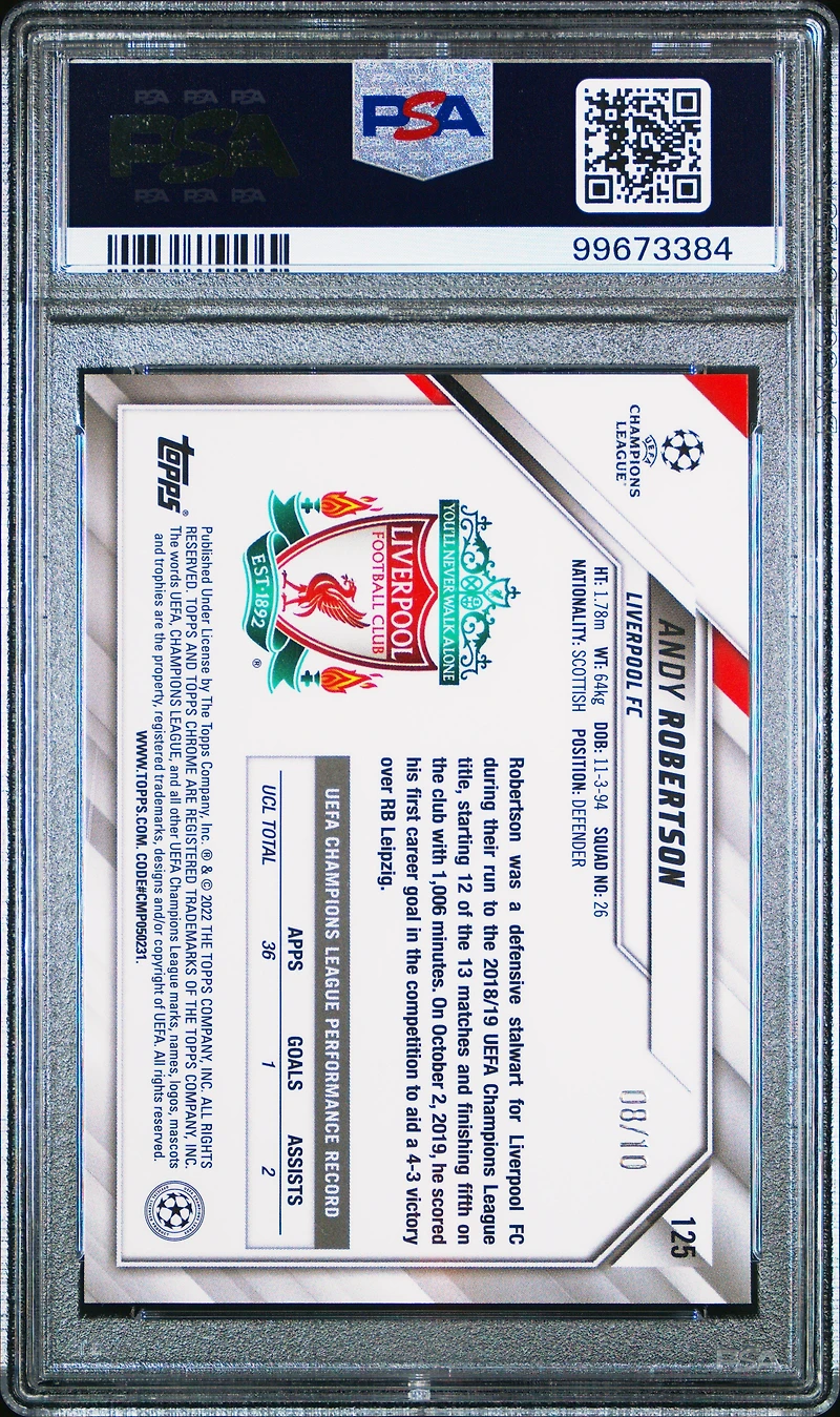 2021 Topps Chrome Uefa Champions League 125 Andy Robertson Red Refractor PSA 10