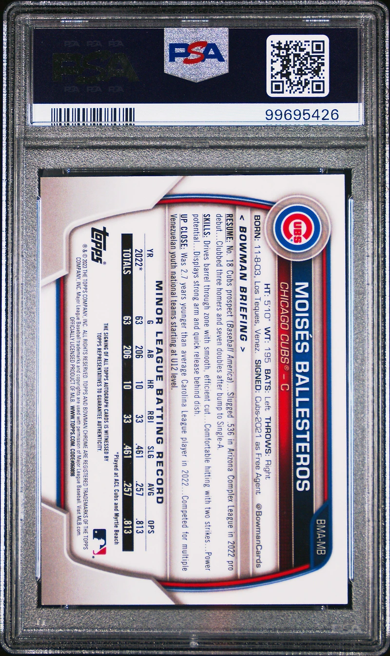 2023 Bowman Mega Box Chrome Prospect Autographs Mb Moises Ballesteros PSA 10