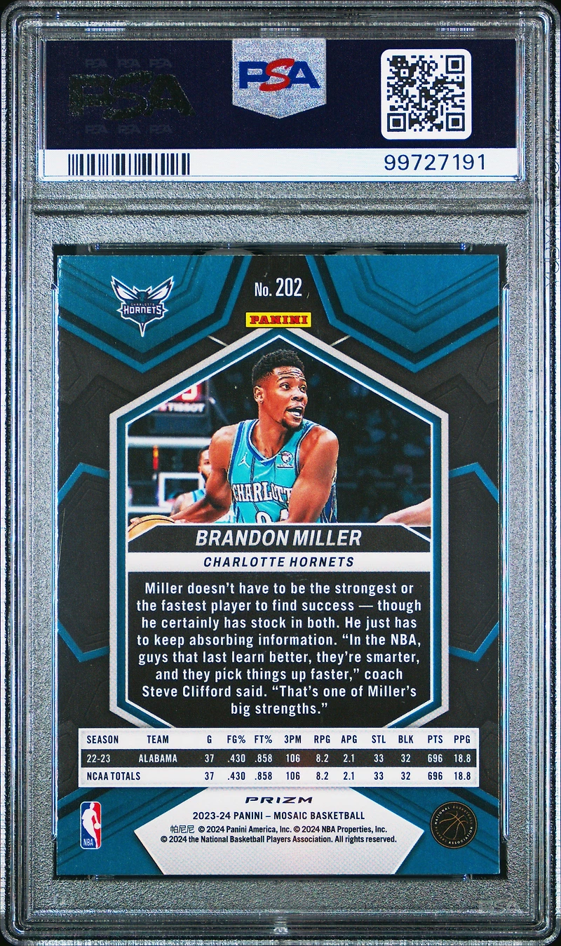 2023 Panini Mosaic 202 Brandon Miller Green PSA 10