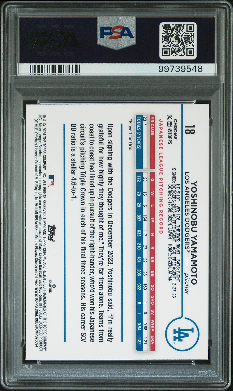2024 Topps Chrome 18 Yoshinobu Yamamoto Prism Refractor PSA 10