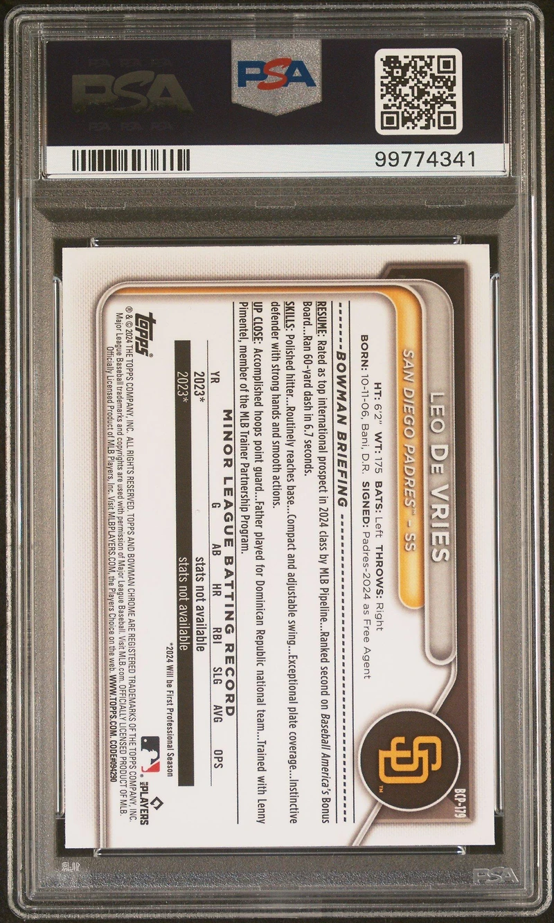 2024 Bowman Mega Box Chrome Prospects 179 Leo De Vries PSA 10