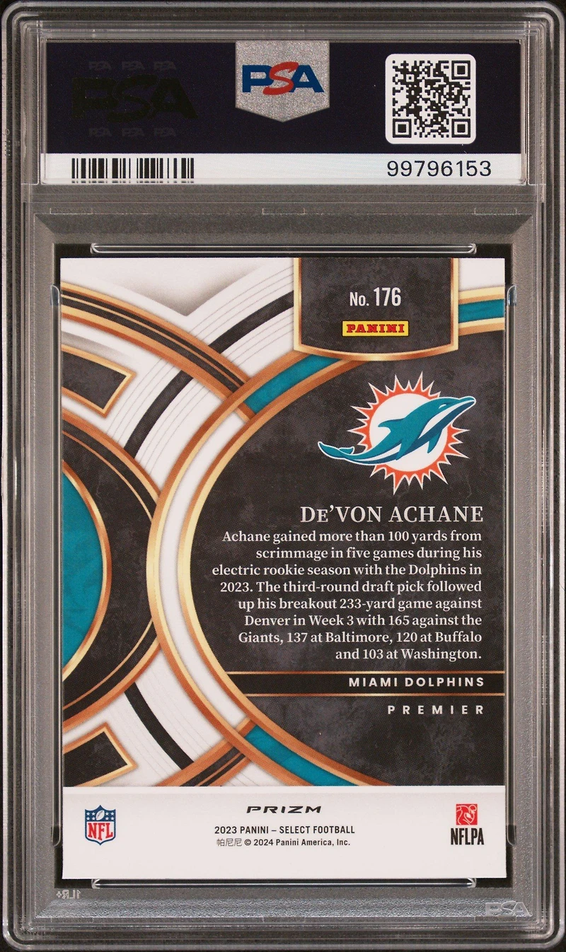2023 Panini Select 176 De'von Achane Silver Prizm PSA 10