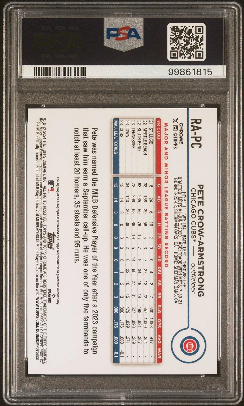 2024 Topps Chrome Rookie Autographs Rapc Pete Crow-armstrong PSA 10
