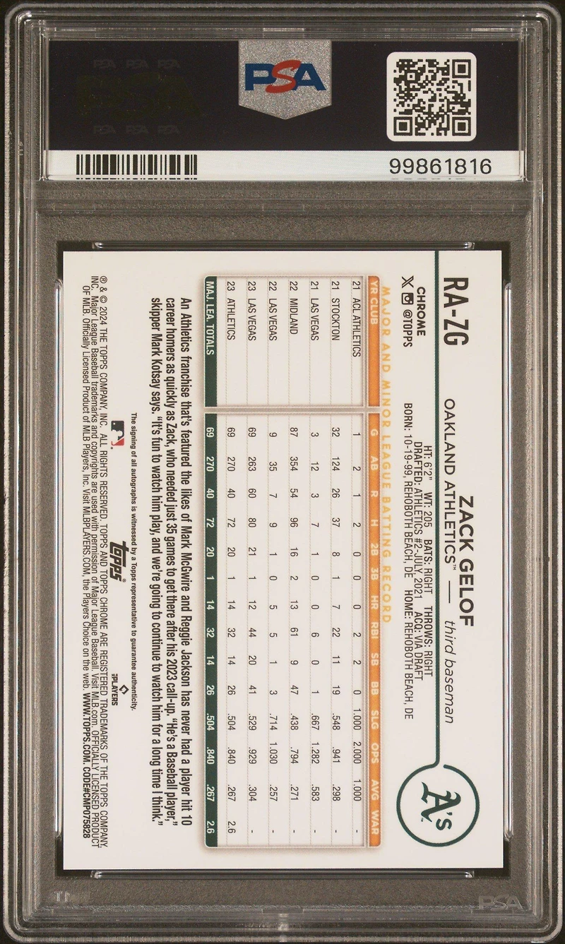 2024 Topps Chrome Rookie Autographs Razg Zack Gelof PSA 10