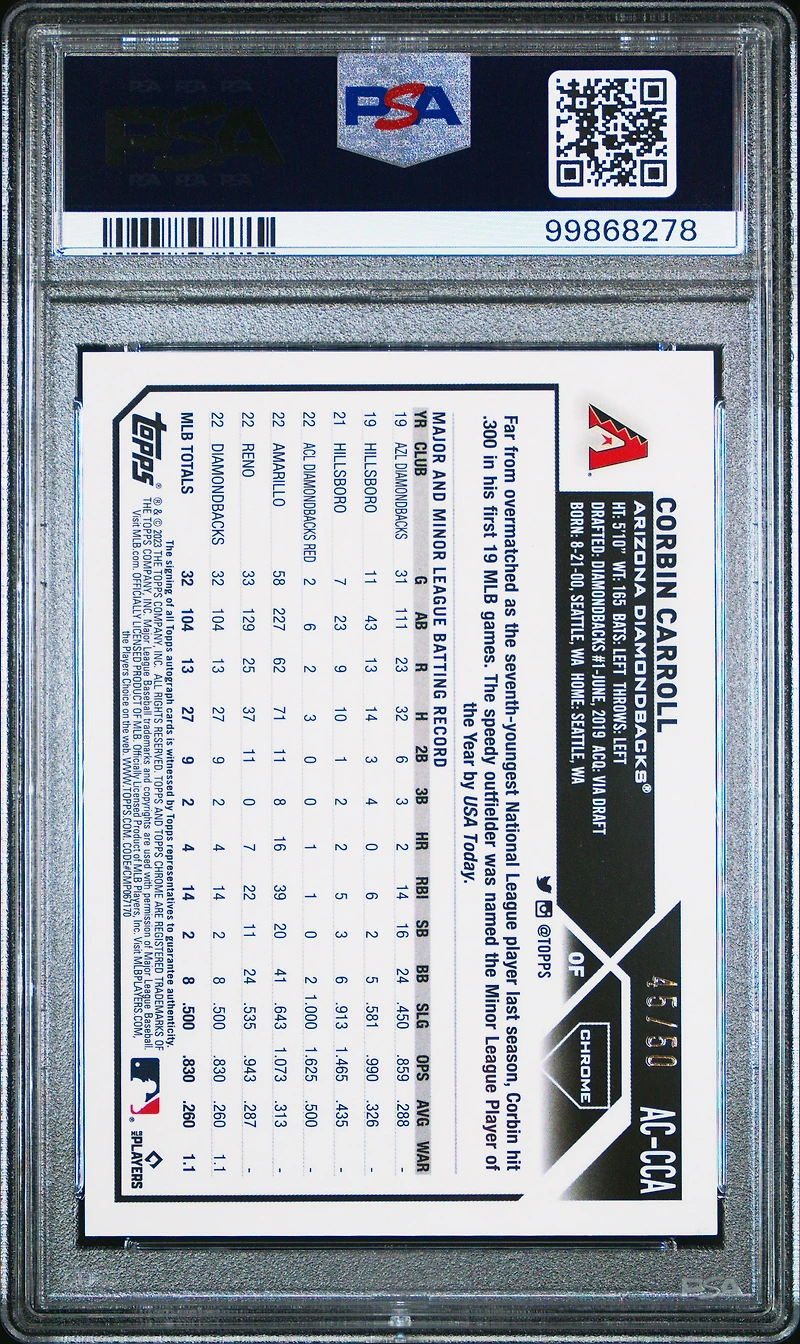 2023 Topps Chrome Update Autograph Accca Corbin Carroll Gold Refractor PSA 10