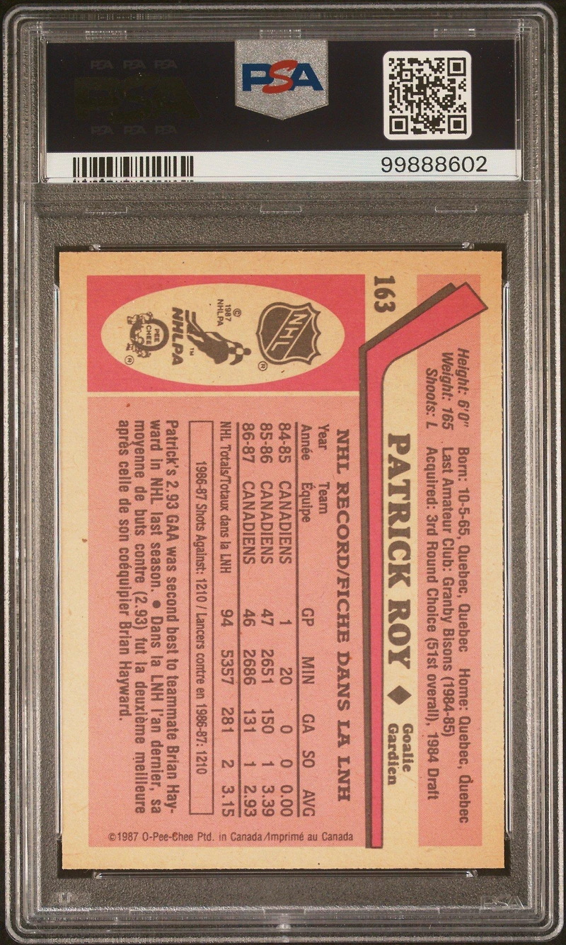 1987 O-pee-chee 163 Patrick Roy PSA 9
