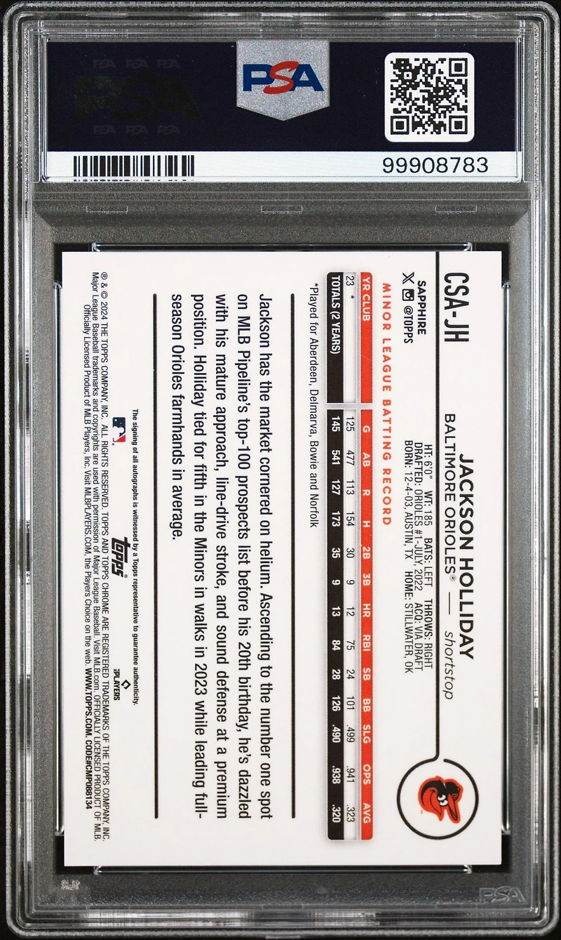 2024 Topps Chrome Sapphire Chrome Sapphire Autographs Csajh Jackson Holliday PSA 10