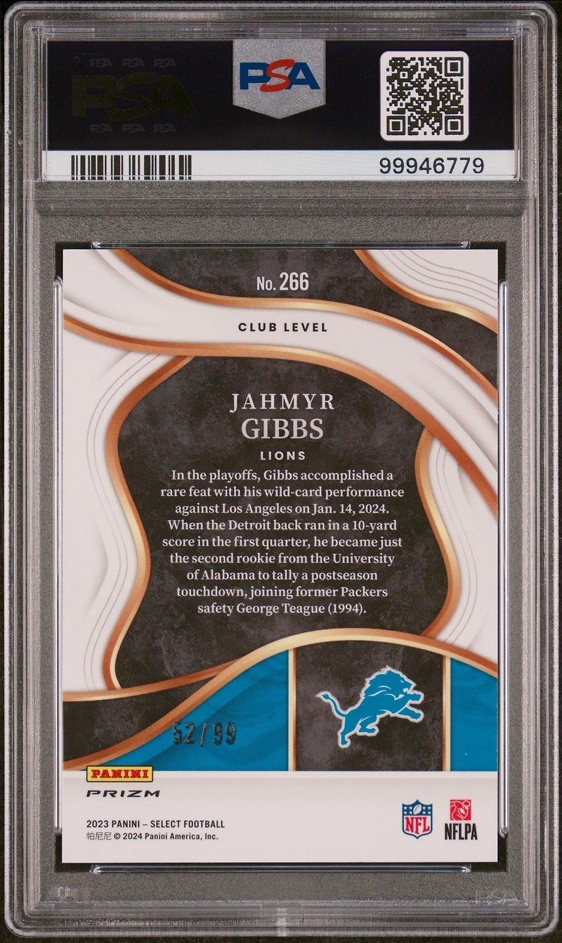 2023 Panini Select 266 Jahmyr Gibbs Blue Prizm PSA 10