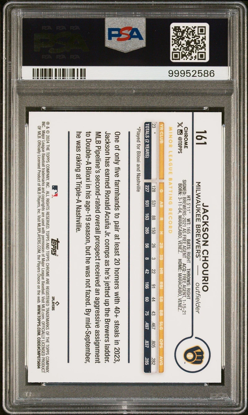2024 Topps Chrome 161 Jackson Chourio X-fractor PSA 10