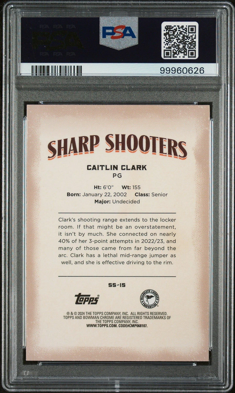 2023 Bowman University Chrome Sharp Shooters Ss15 Caitlin Clark PSA 9