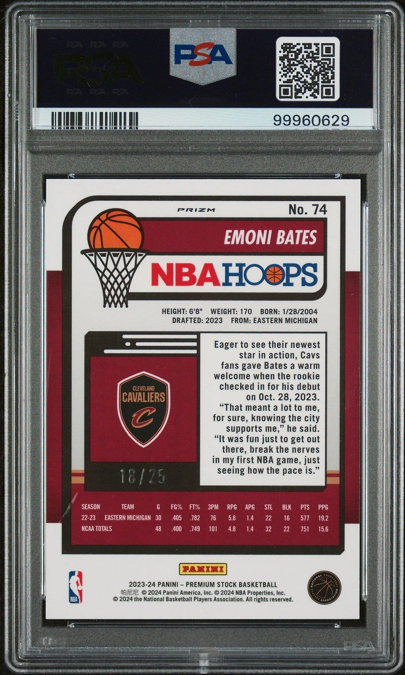 2023 Panini Hoops Premium Stock 74 Emoni Bates Premium Blue Prizm PSA 10