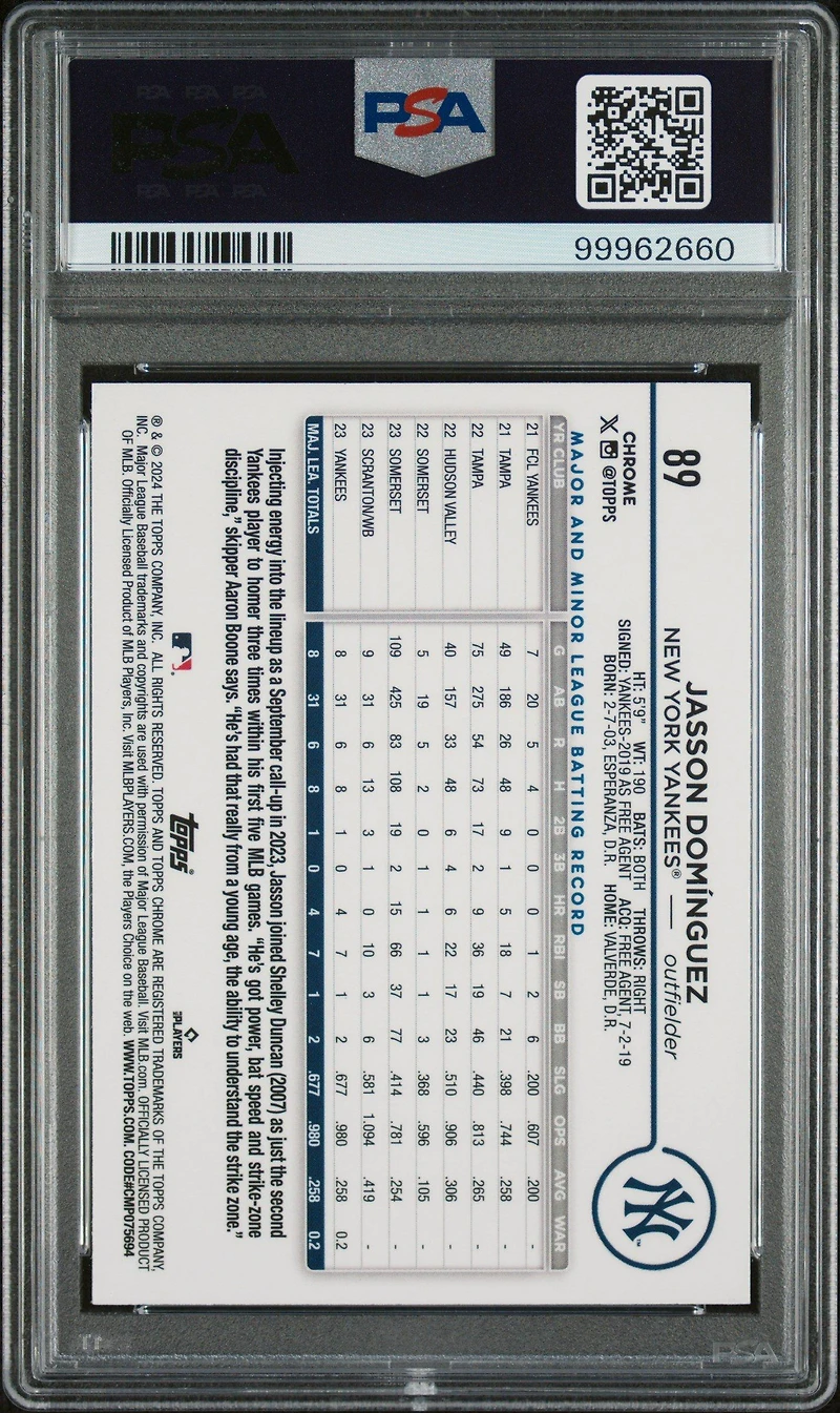 2024 Topps Chrome 89 Jasson Dominguez Prism Refractor PSA 10