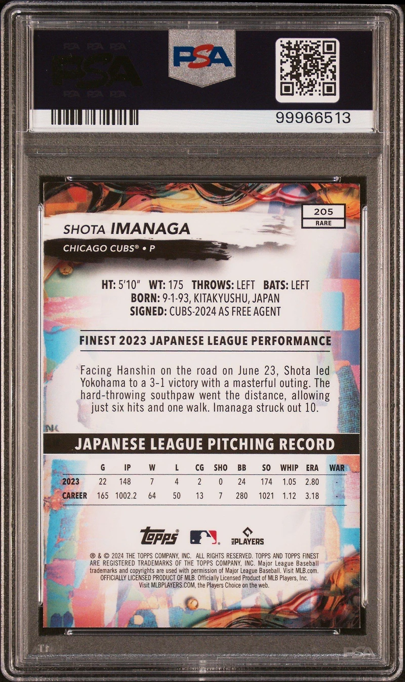 2024 Topps Finest 205 Shota Imanaga PSA 10