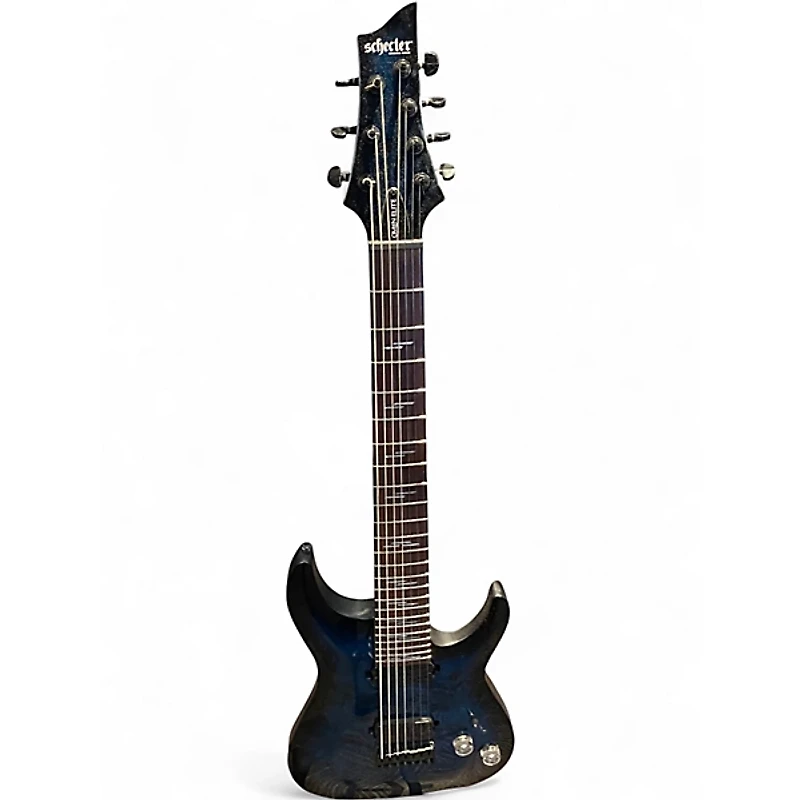 Used Schecter Guitar Research Omen Elite 7 See-Thru Blue Burst Solid Body Electric Guitar