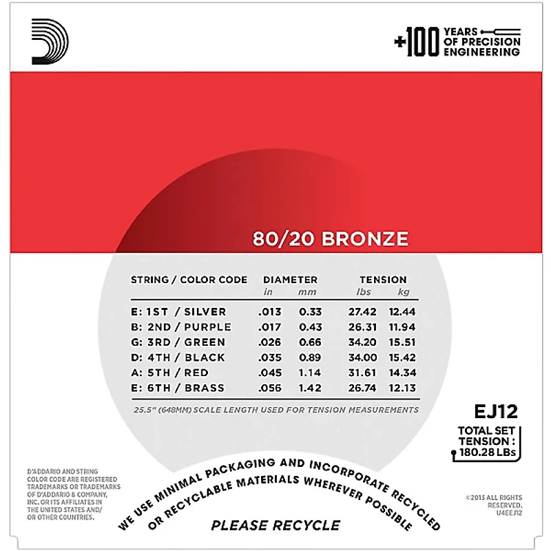 D'Addario EJ12 80/20 Bronze Medium Acoustic Guitar Strings
