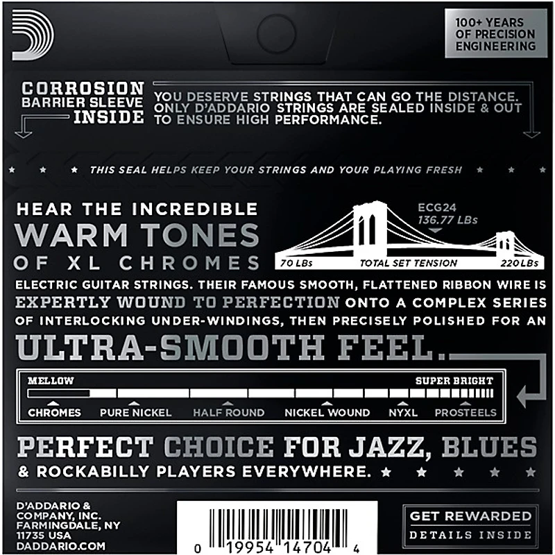 D'Addario XL Chromes Jazz Light Electric Guitar Strings ECG24 Flatwound