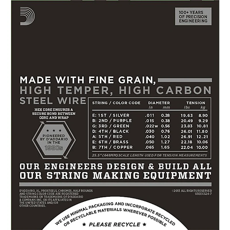D'Addario ECG24-7 7-String Chrome Flat Wound Electric Guitar Strings