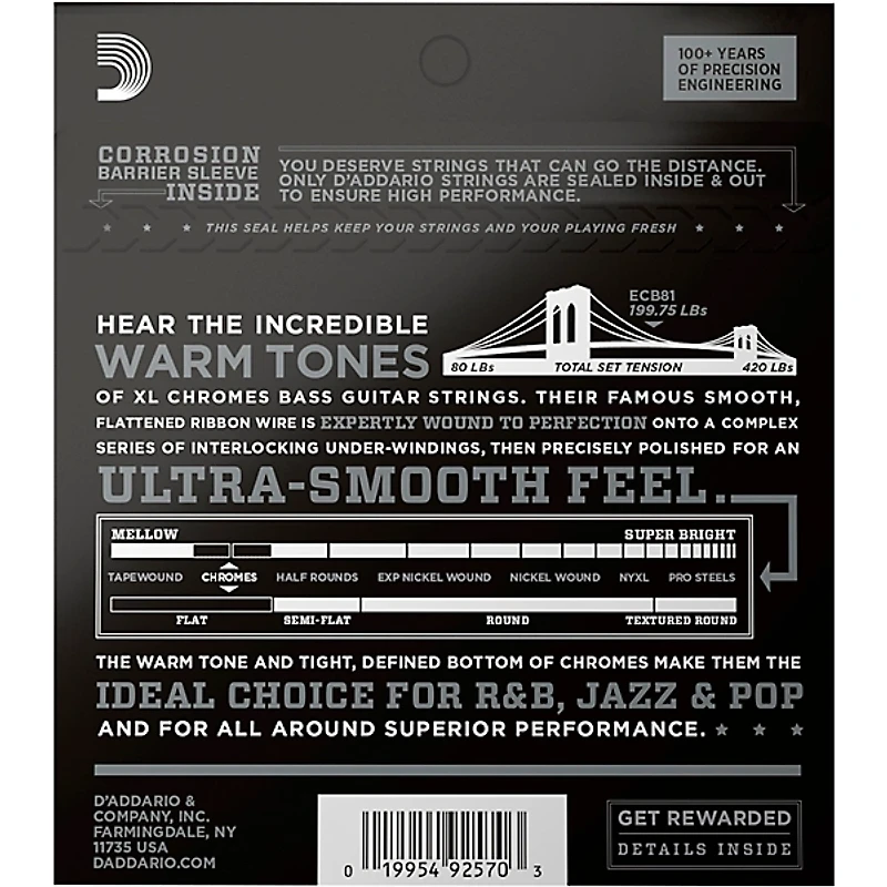 D'Addario ECB81 XL Chromes Flatwound Bass Strings - (45-100)