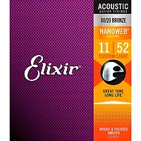 Elixir 80/20 Bronze Acoustic Guitar Strings With NANOWEB Coating, Custom Light (.011-.052)