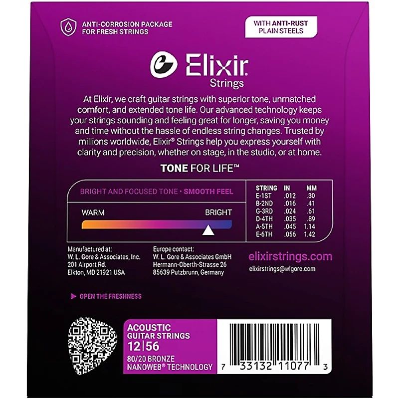 Elixir 80/20 Bronze Acoustic Guitar Strings with NANOWEB Coating, Light/Medium (.012-.056)