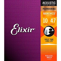 Elixir Phosphor Bronze Acoustic Guitar Strings With NANOWEB Coating, Extra Light (10-47)