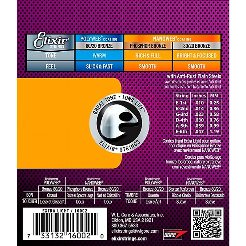 Elixir Phosphor Bronze Acoustic Guitar Strings With NANOWEB Coating, Extra Light (10-47)