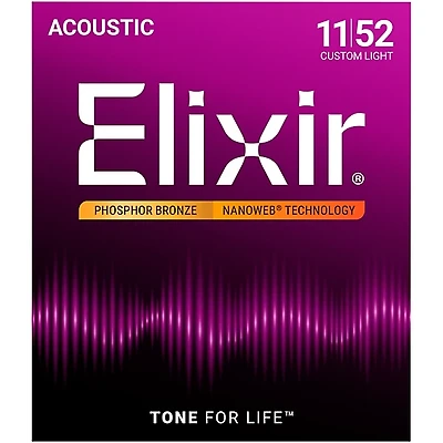 Elixir Phosphor Bronze Acoustic Guitar Strings With NANOWEB Coating, Custom Light (.011-.052)
