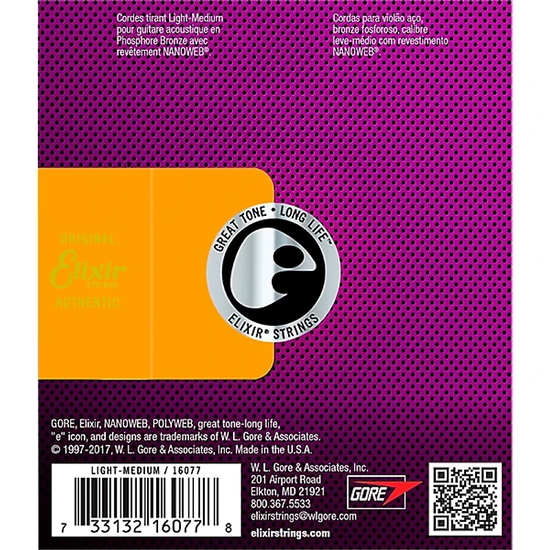 Elixir Phosphor Bronze Acoustic Guitar Strings With NANOWEB Coating, Light/Medium (.012-.056)