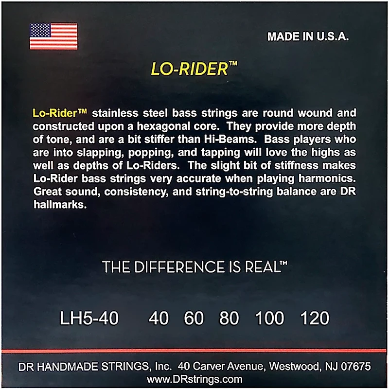 DR Strings Lo Rider LH5-40 Light Stainless Steel 5-String Bass Strings