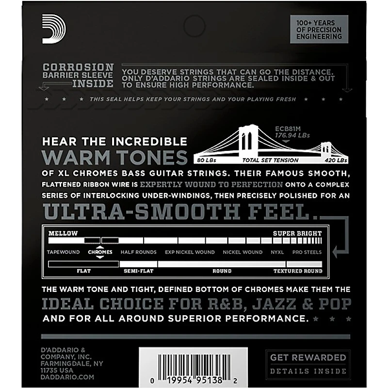 D'Addario ECB81M Chromes Flat Wound Electric Bass Strings Light Medium Scale