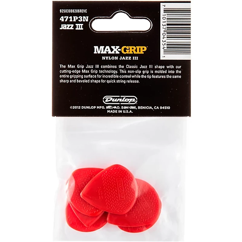 Dunlop Nylon Max Grip Jazz III Guitar Picks 6-Pack 1.38 mm