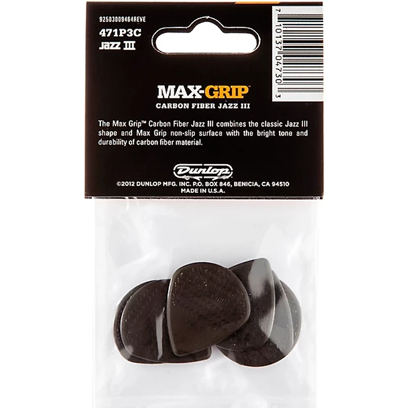 Dunlop Max Grip Jazz III Carbon Fiber Guitar Picks - 6 Pack