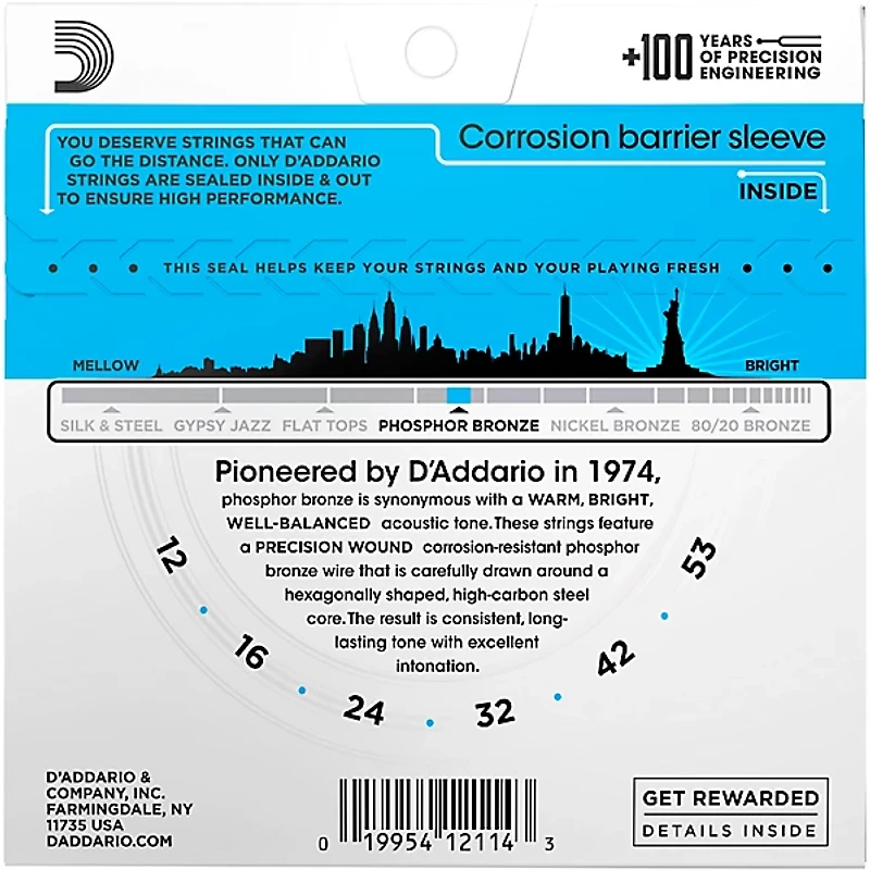 D'Addario EJ16 Phosphor Bronze Light Acoustic Guitar Strings Single Pack