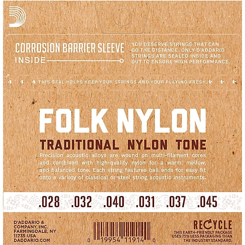 D'Addario EJ32 Folk Nylon Silver/Ball End Black Treble Guitar Strings