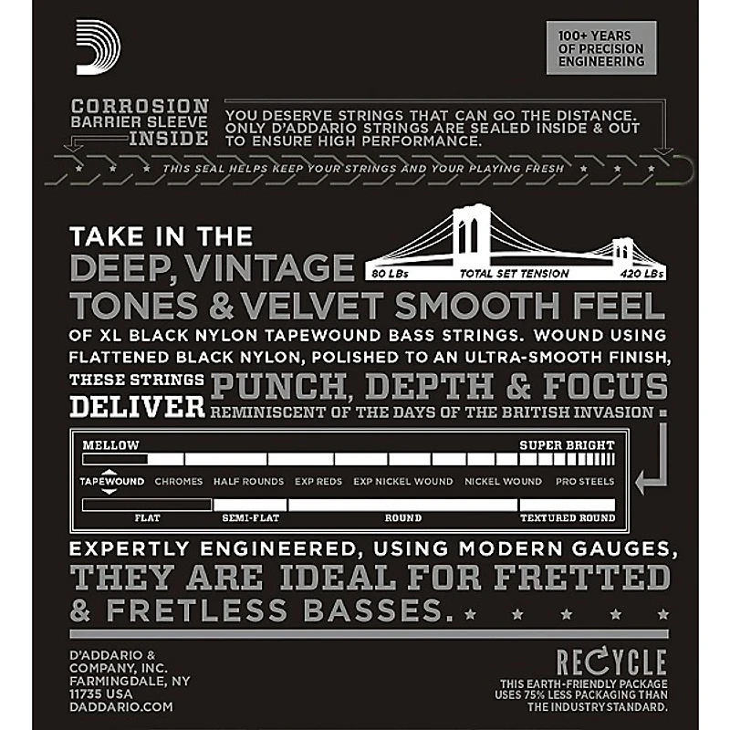 D'Addario ETB92S Black Nylon Tapewound Short Scale Bass Strings