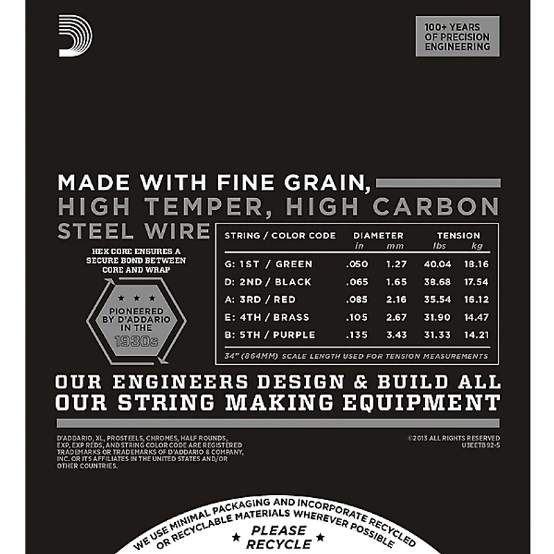 D'Addario ETB92-5 Medium Black Nylon Tapewound 5-String Bass Strings
