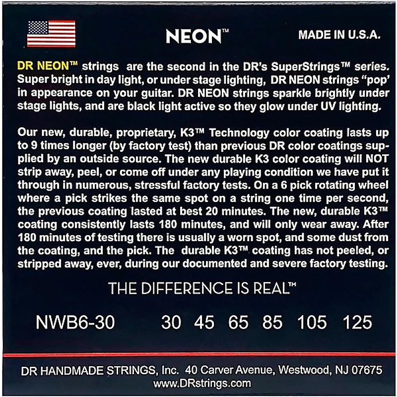 DR Strings Hi-Def NEON White Coated Medium 6-String Bass Strings