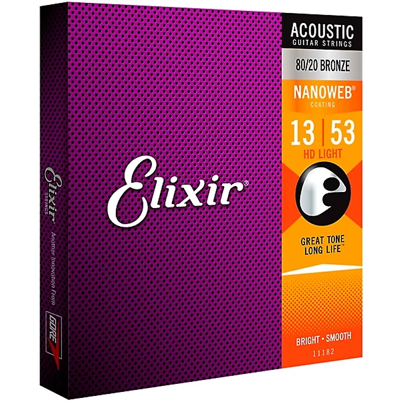 Elixir 80/20 Bronze Acoustic Guitar Strings with NANOWEB Coating, HD Light (.013-.053)