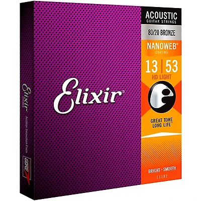Elixir 80/20 Bronze Acoustic Guitar Strings with NANOWEB Coating, HD Light (.013-.053)
