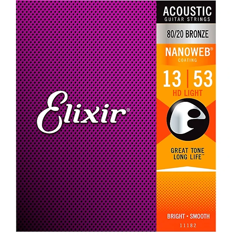 Elixir 80/20 Bronze Acoustic Guitar Strings with NANOWEB Coating, HD Light (.013-.053)