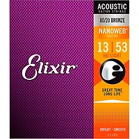 Elixir 80/20 Bronze Acoustic Guitar Strings with NANOWEB Coating, HD Light (.013-.053)