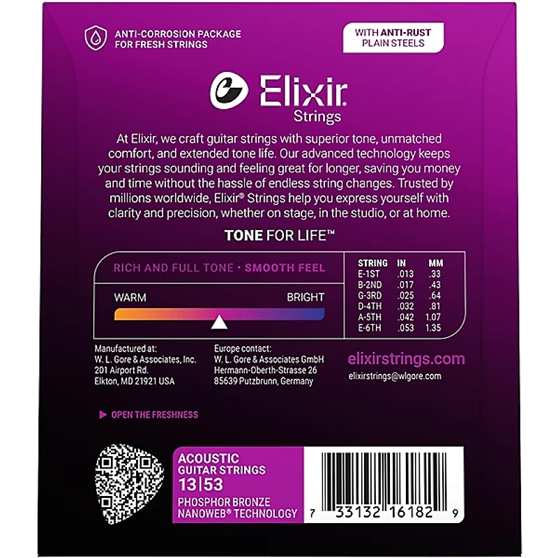 Elixir Phosphor Bronze Acoustic Guitar Strings With NANOWEB Coating, HD Light (.013-.053)