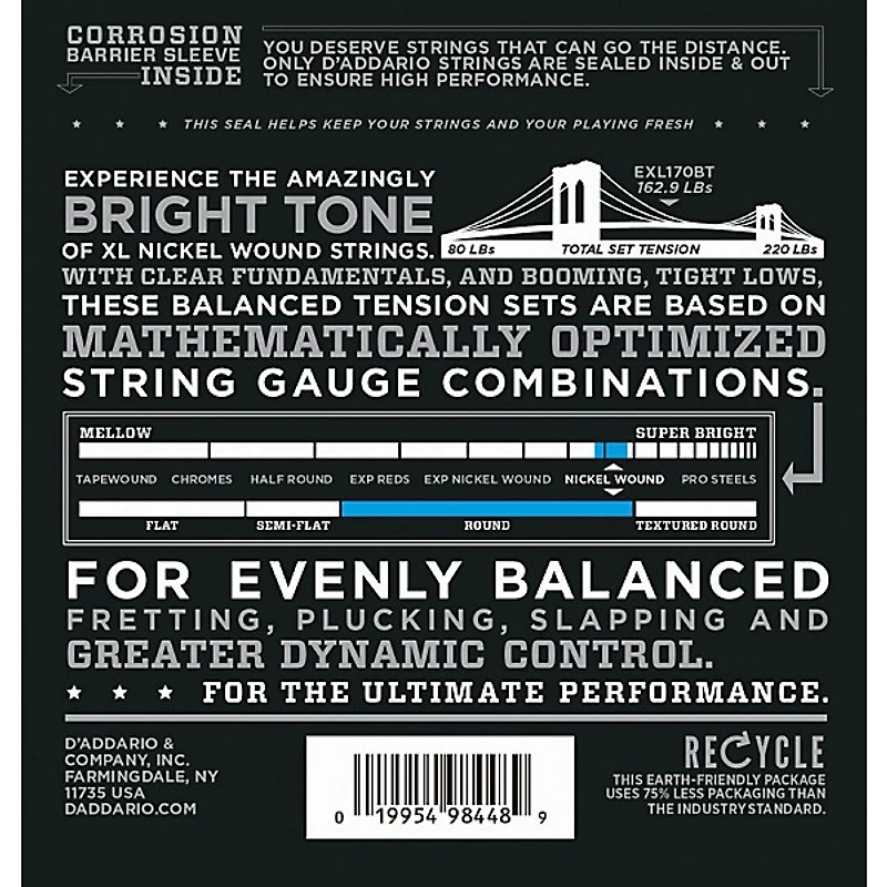 D'Addario EXL170BT Balanced Tension Long Scale Electric Bass String Set (45-107) 2 Pack