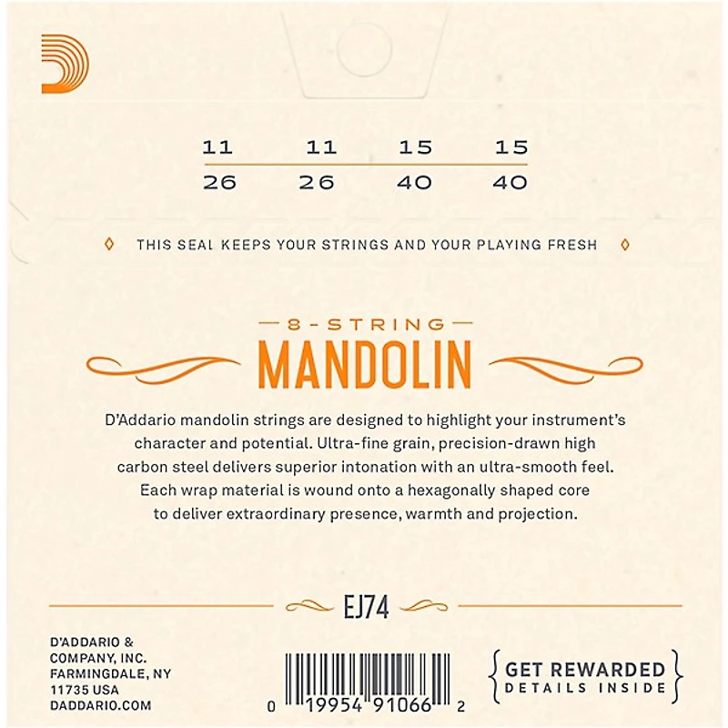 D'Addario EJ74 Phosphor Bronze Medium Mandolin Strings (11-40)