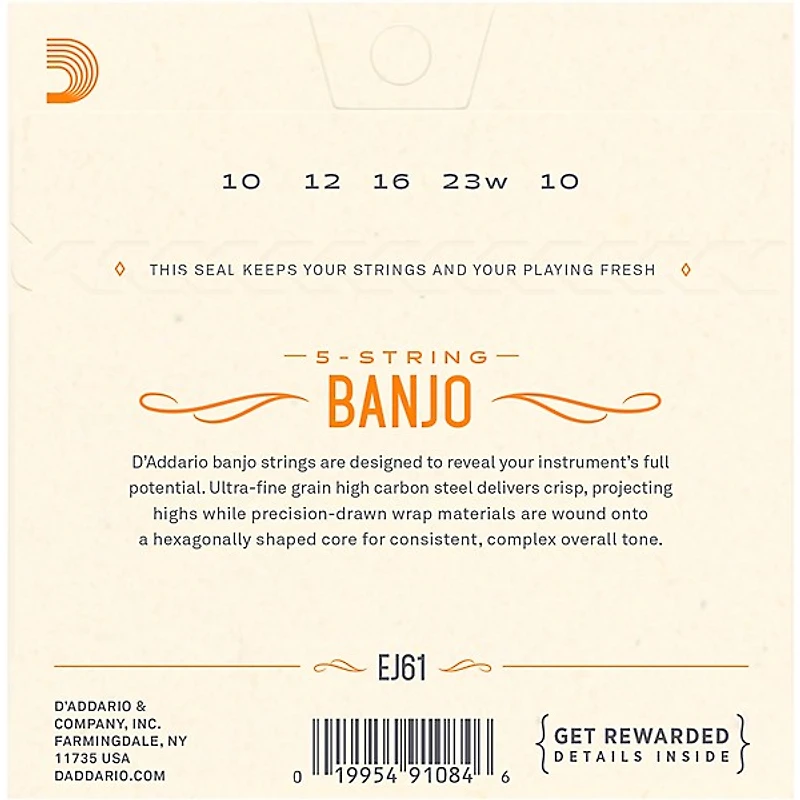 D'Addario EJ61 Nickel 5-String Medium Banjo Strings (10-23)