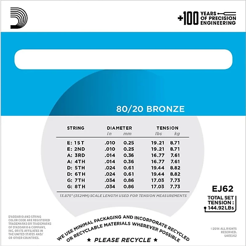 D'Addario EJ62 80/20 Bronze Mandolin Strings, Light, 10-34