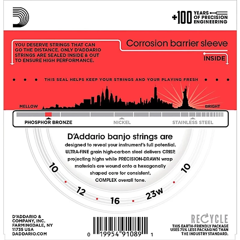 D'Addario EJ55 Phosphor Bronze Medium 5-String Banjo Strings (10-23)